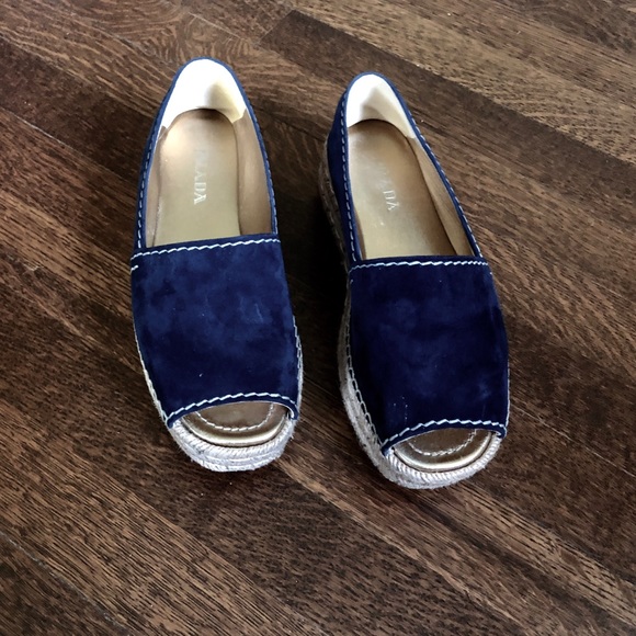Prada Shoes - Prada Blue Leather Open Toe Wedge Espadrilles